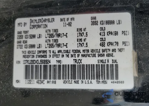 2003 Dodge Ram 2500 St from USA, damaged, VIN 1D7KU28DX3J568924